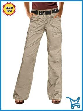 Wide Leg Bootcut Cargo Pants Mid Waist Flap Pocket Seam Front Work Dress Pants